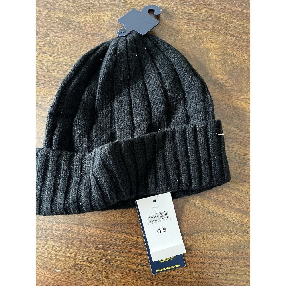 POLO RALPH LAUREN BLACK Wool-Blend Beanie Red Pony‎ Cuff rib-knit Hat